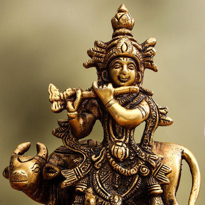Brass Krishna With Cow Idol (5.5 Inch)