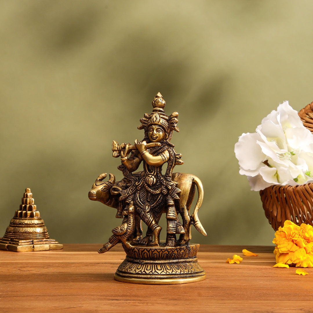Brass Krishna With Cow Idol (5.5 Inch)