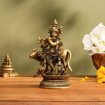 Brass Krishna With Cow Idol (5.5 Inch)
