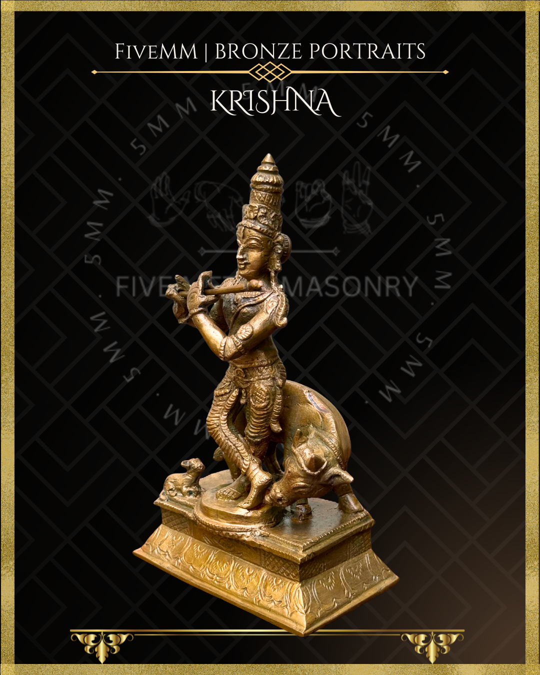 Krishna with cow & calf Panchaloha Bronze Icon - 6.5"
