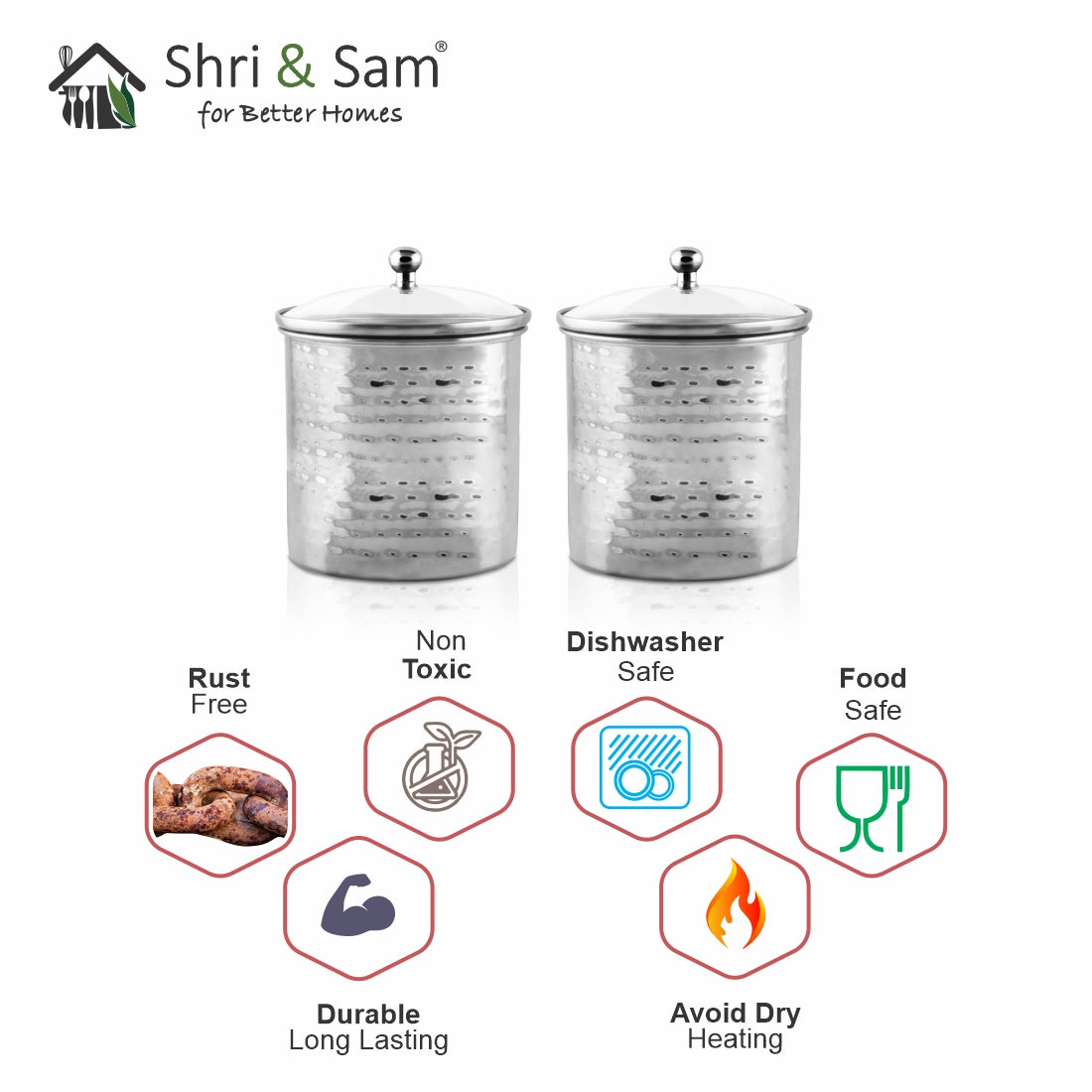 Stainless Steel 2 PCS 700 ML Hammered Storage Canister with Air Tight Glass Lid Candy