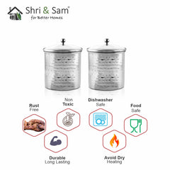 Stainless Steel 2 PCS 700 ML Hammered Storage Canister with Air Tight Glass Lid Candy