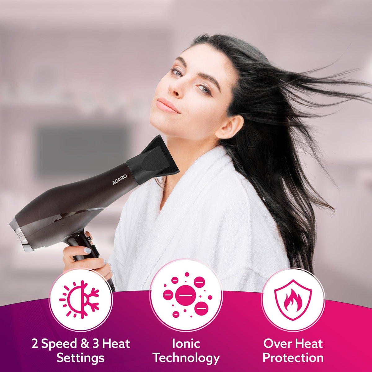 AGARO HD-1120 2000W AC தொழில்முறை ஹேர் ட்ரையர், சீப்பு, செறிவு மற்றும் டிஃப்பியூசர் முனைகள், சூடான மற்றும் குளிர்ந்த காற்று, 2 வேகம் &amp; 3 வெப்பநிலை அமைப்புகள், கூல் ஷாட், ஹேர் ட்ரையர் &amp; ப்ளோவர் ஆண்கள் மற்றும் பெண்களுக்கானது. -2