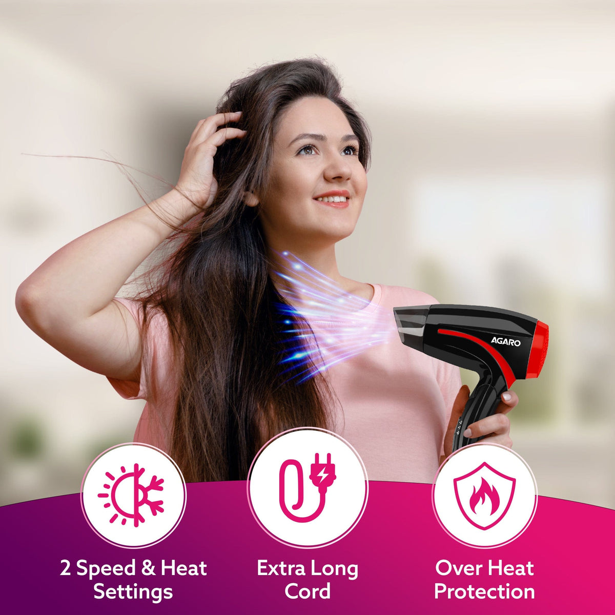 AGARO HD1177 Hair Dryer with 1000 Watts Copper Motor, 2 Speed & Temperature Settings, Foldable Handle, For both Men & Women, Black & Red-2