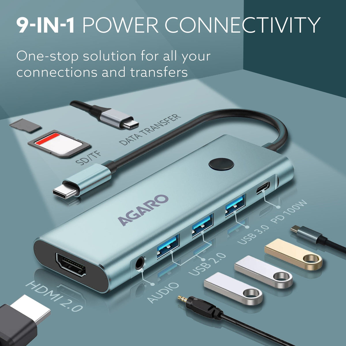 AGARO 9-in-1 Type-C Multiport Hub, 4K60Hz HDMI, 100W PD Fast Charging