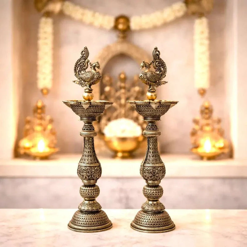 Brass Lightweight Peacock Samai/Lamp Pair (8 Inch)