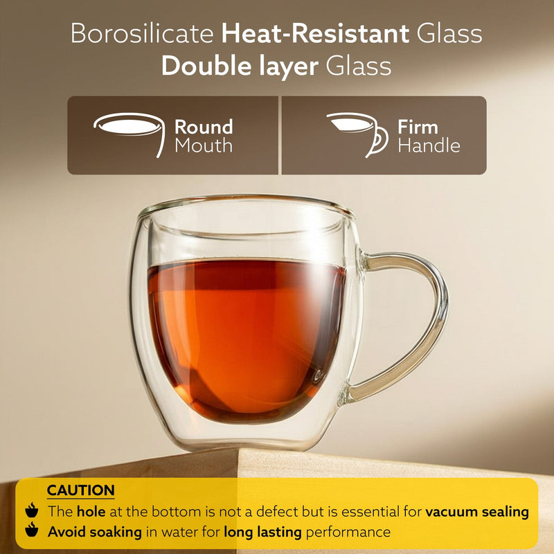 AGARO Elite Double Wall Glass Cups 250ml, Pack of 2 | Premium Borosilicate, Heat Resistant, Microwave & Dishwasher Safe,