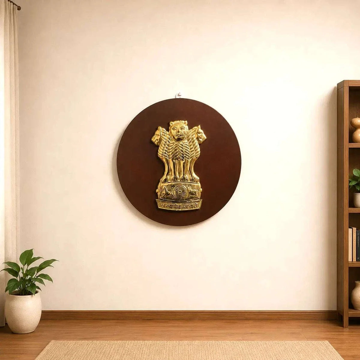 Brass Ashok Stambh With Wooden Base Wall Hanging