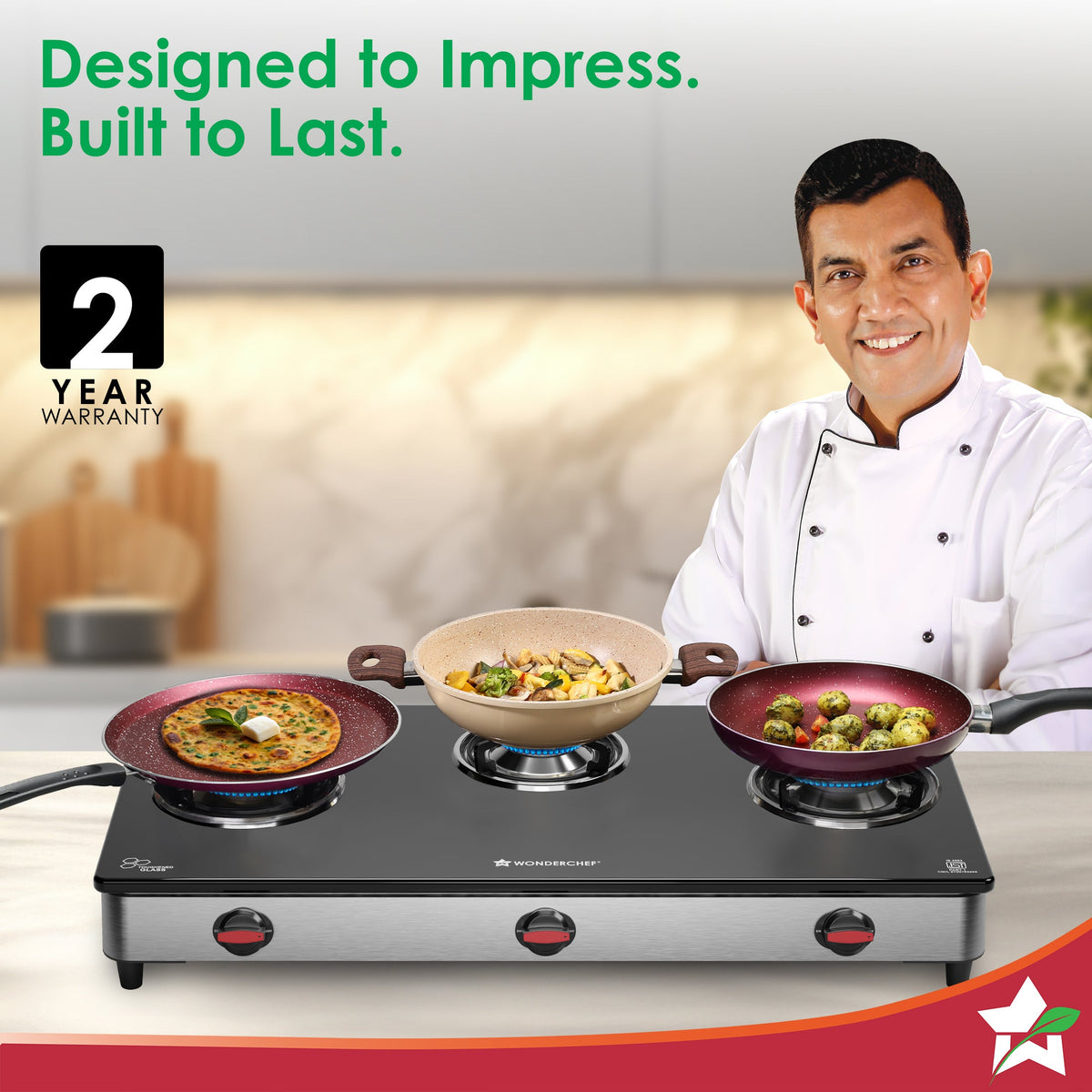 Wonderchef Galaxy 3 Burner Auto Gas Stove | 6mm Toughened Glass | Piezo Auto Ignition | 2 Years Warranty