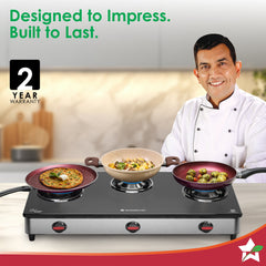 Wonderchef Galaxy 3 Burner Auto Gas Stove | 6mm Toughened Glass | Piezo Auto Ignition | 2 Years Warranty