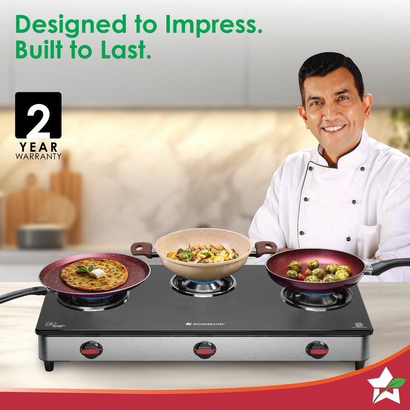 Wonderchef Galaxy 3 Burner Auto Gas Stove | 6mm Toughened Glass | Piezo Auto Ignition | 2 Years Warranty