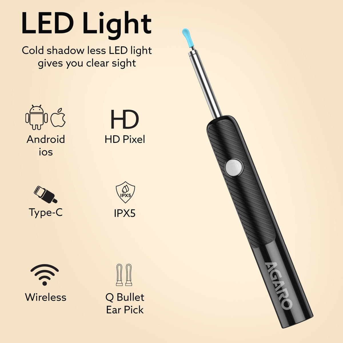 AGARO Regal Ear Endoscope Cleaner/Earwax Removal Tool Kit with HD Camera, Light Weight, Type-C Charging, 130 mAh Battery