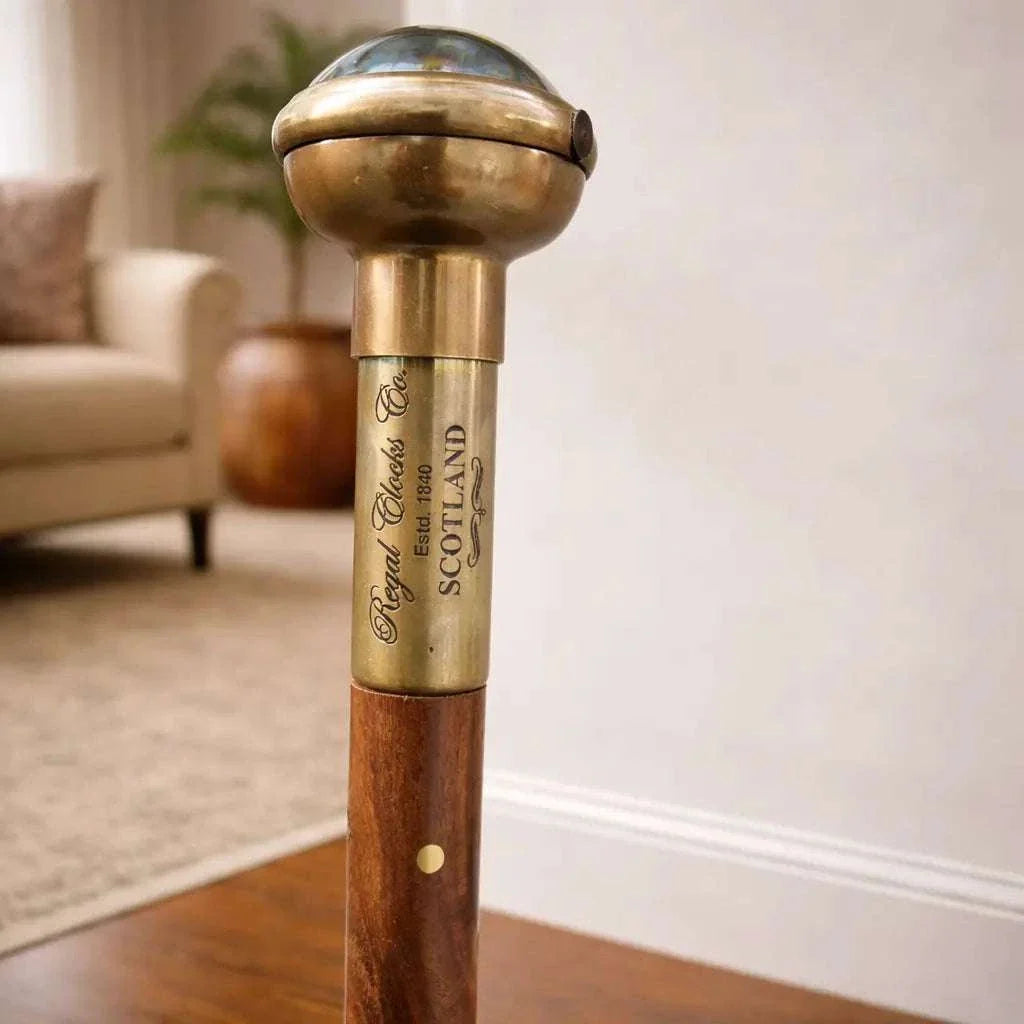 Brass Antique Wooden Walking Stick With Clock/Watch (35.5 Inch)