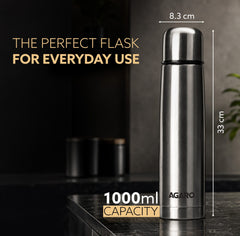 AGARO Delite Stainless Steel Flask with Bag, 1000ml, Up to 24 Hrs Hot & Cold, ISI Certified, Triple Vacuum Insulated, Le