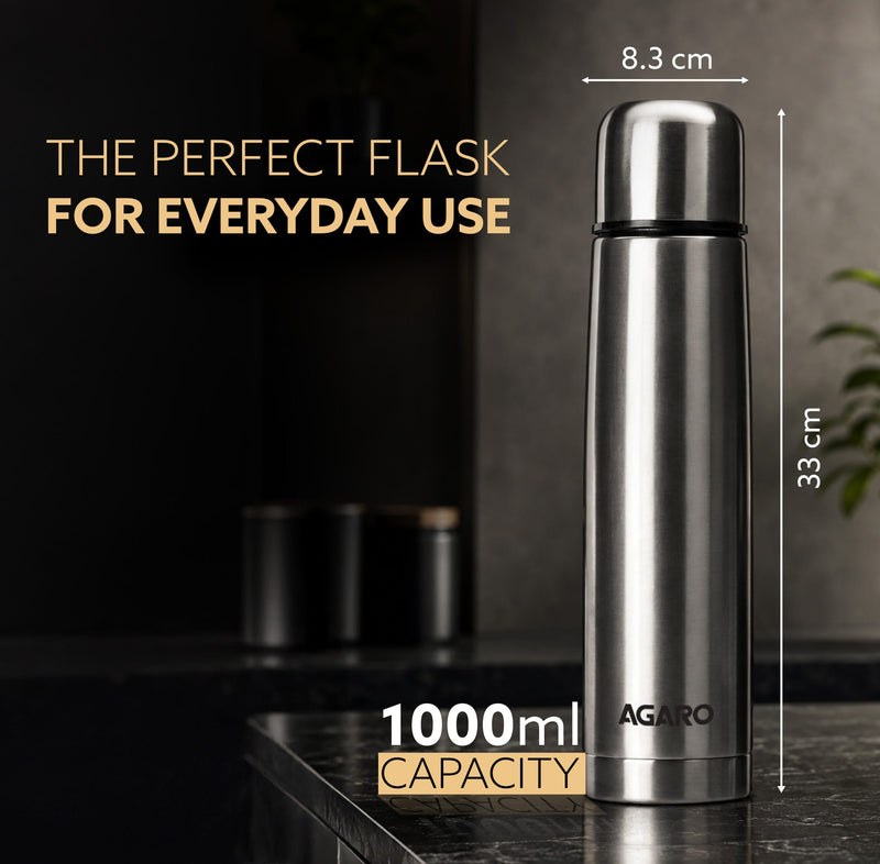 AGARO Delite Stainless Steel Flask with Bag, 1000ml, Up to 24 Hrs Hot & Cold, ISI Certified, Triple Vacuum Insulated, Le
