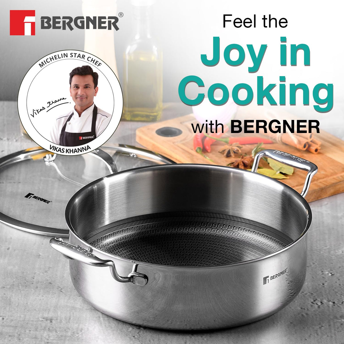 Bergner Hi-Tech 26cm (4.3L) TriPly Stainless Steel Non-Stick Serving Pan - Induction Bottom