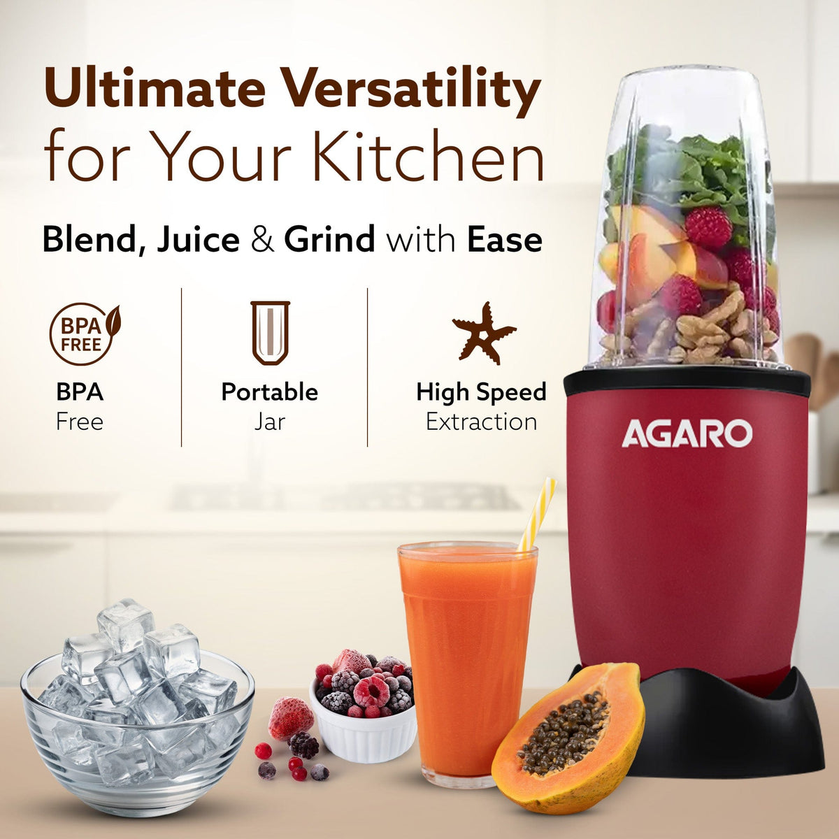 AGARO Regal Nutri Blender with 3 Jars, 400 Watts Personal Blender with 100% Copper Motor