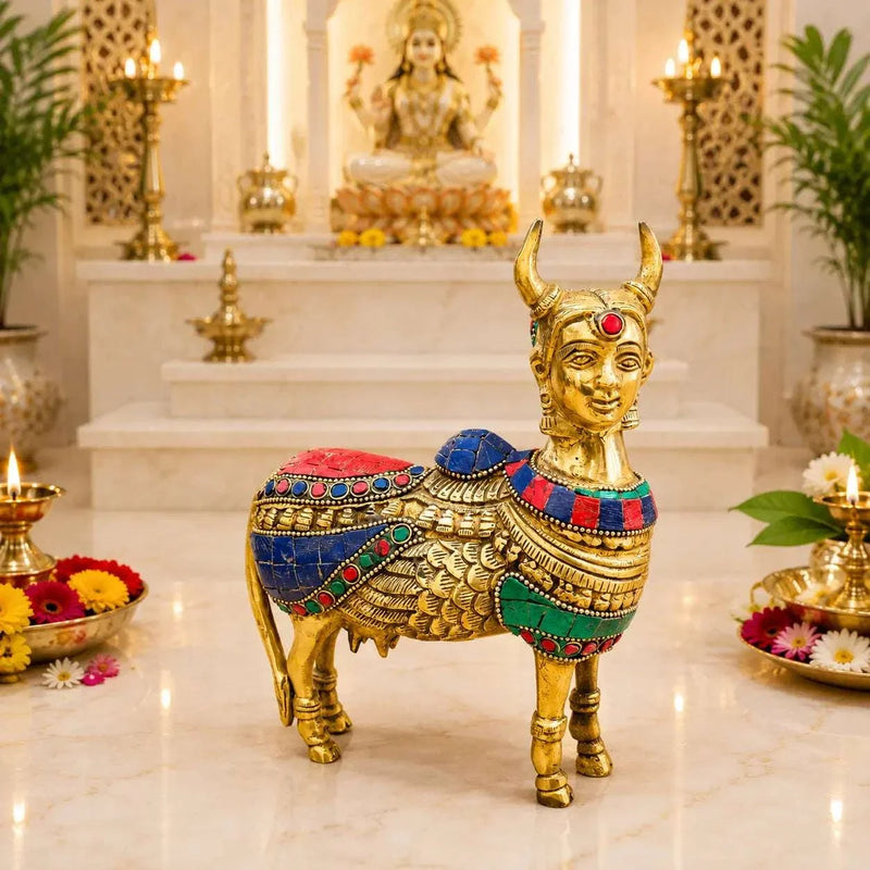 Brass Stone Work Standing Cow Idol