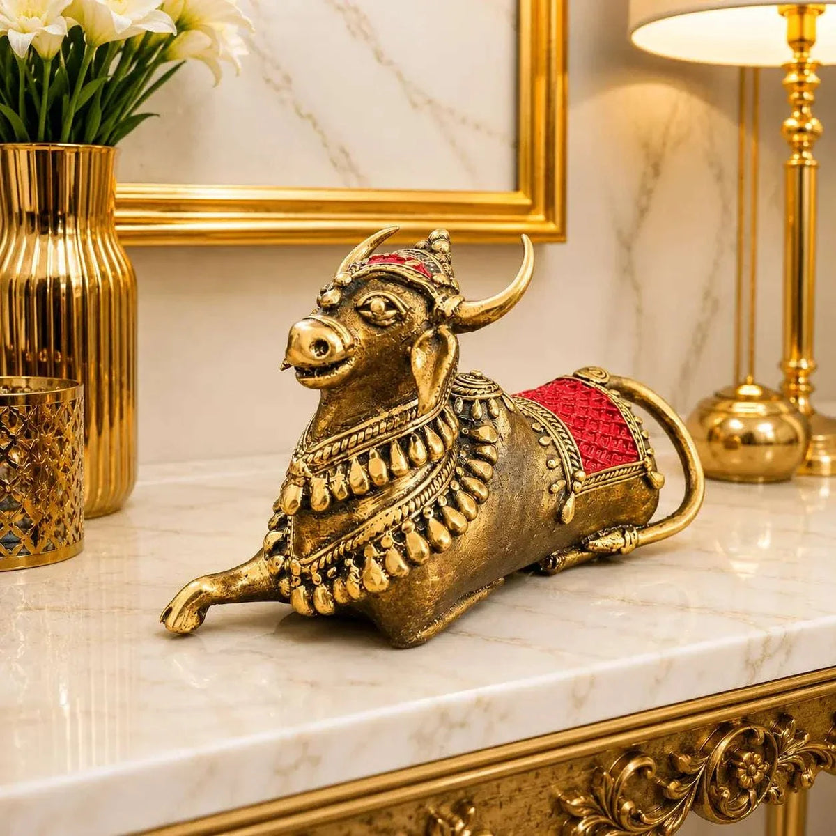 Brass Handcrafted Dhokra Sitting Nandi Idol (4.5 Inch)