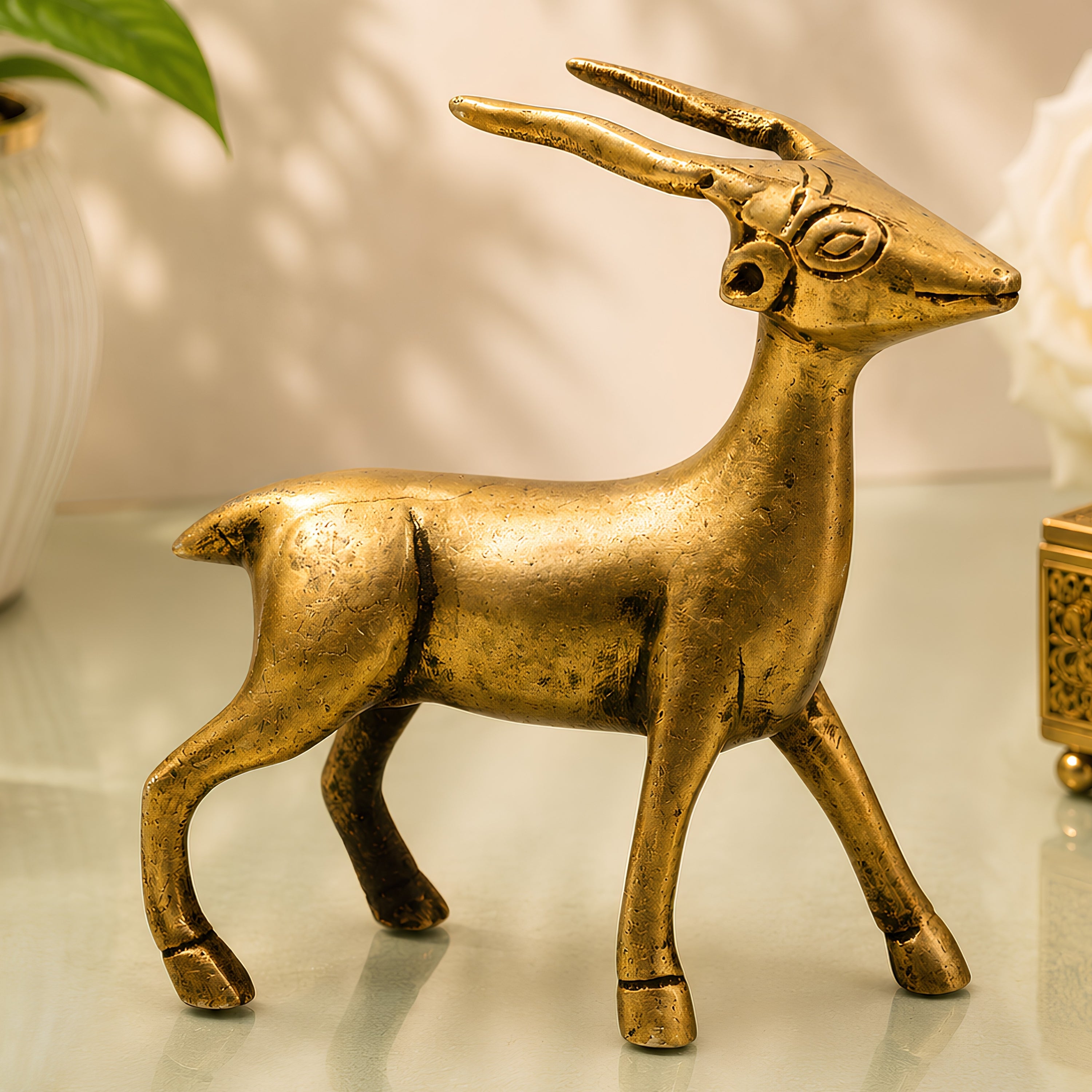 Handcrafted Brass Deer Sculpture for Vastu, Spiritual Decor &amp; Premium Home Decoration, Gold, 4 Inch, 1 Piece