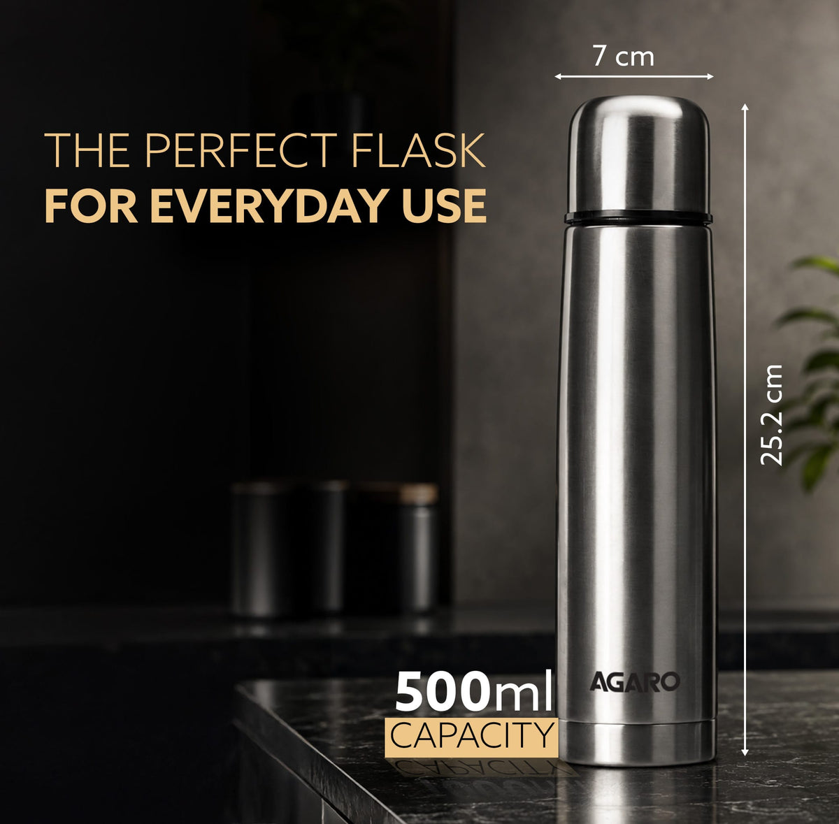 AGARO Delite Stainless Steel Flask with Bag, 500ml, Up to 24 Hrs Hot & Cold, ISI Certified, Triple Vacuum Insulated, Lea