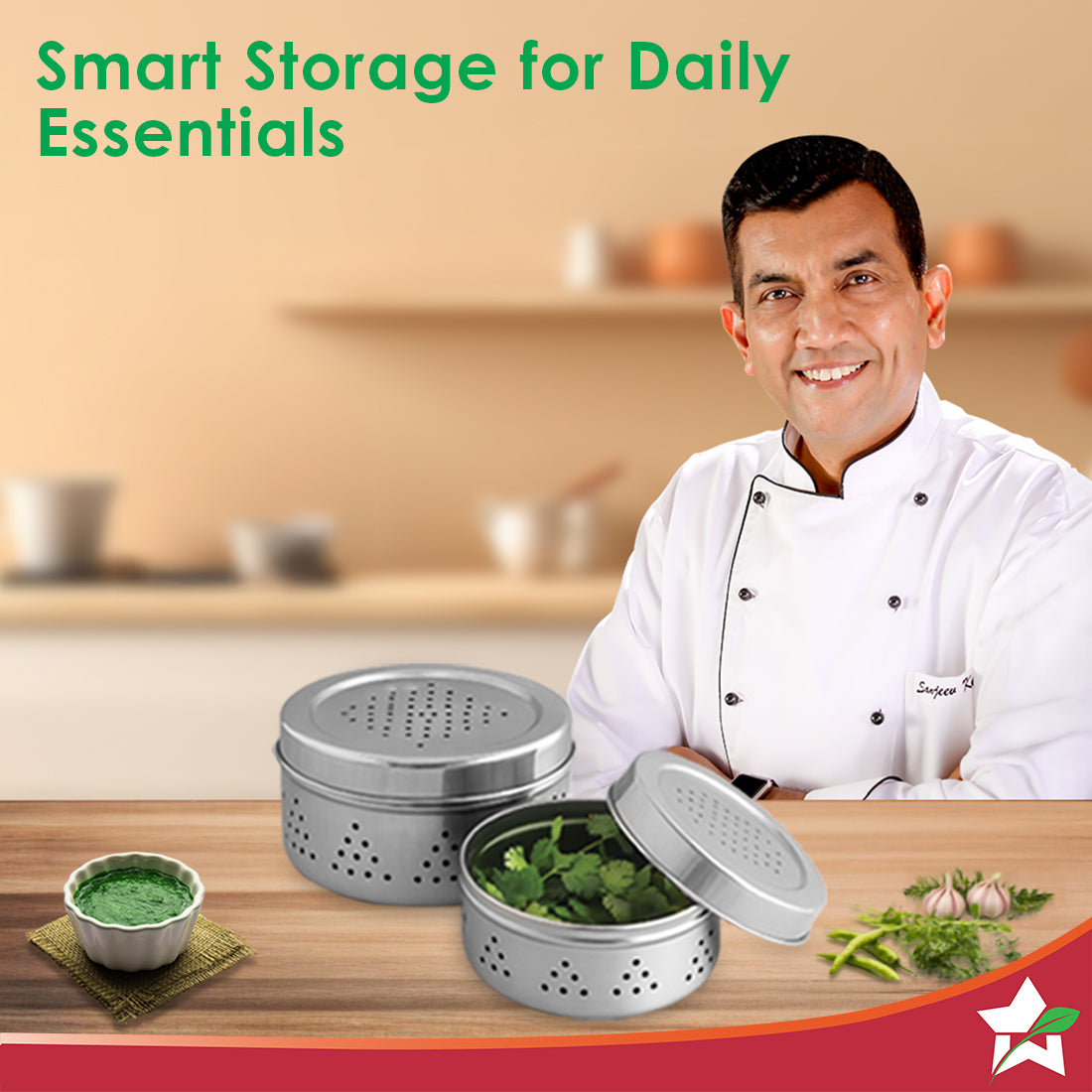 Wonderchef Ambrosia Stainless-steel Coriander Box (2 Pcs.) | Perforated Container for Air Circulation | Food-grade, Non-