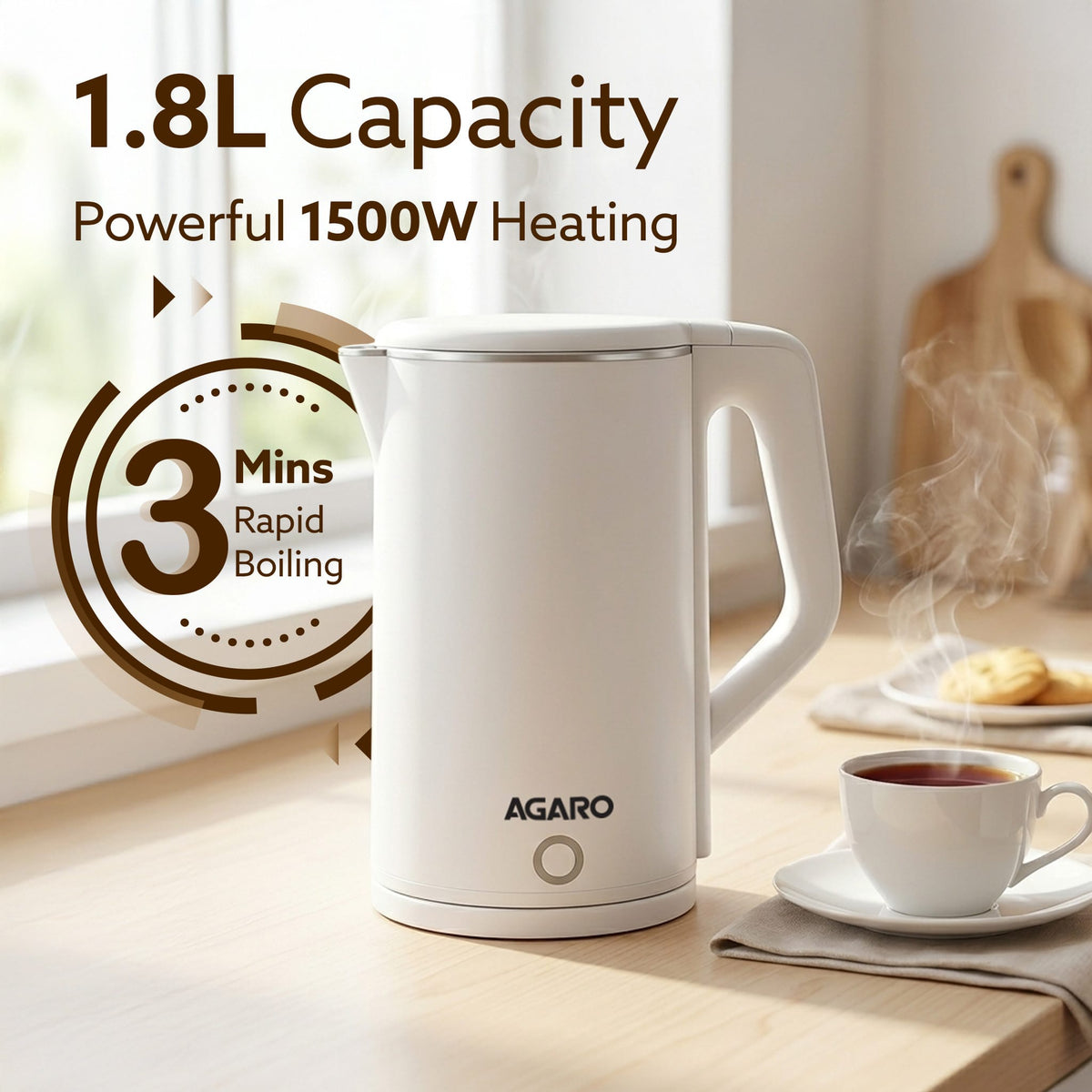 AGARO எலிகண்ட் எலக்ட்ரிக் கெட்டில், 1.8L, இரட்டை அடுக்கு கெட்டில், ஸ்டெயின்லெஸ் ஸ்டீல் உள் உடல், விரைவு கொதி, தண்ணீர் பாய்லர், சூடான தண்ணீர் கெட்டில், கருப்பு தேநீர் &amp; கருப்பு காபி தயாரிக்க, ஆட்டோ ஷட் ஆஃப், கருப்பு -3