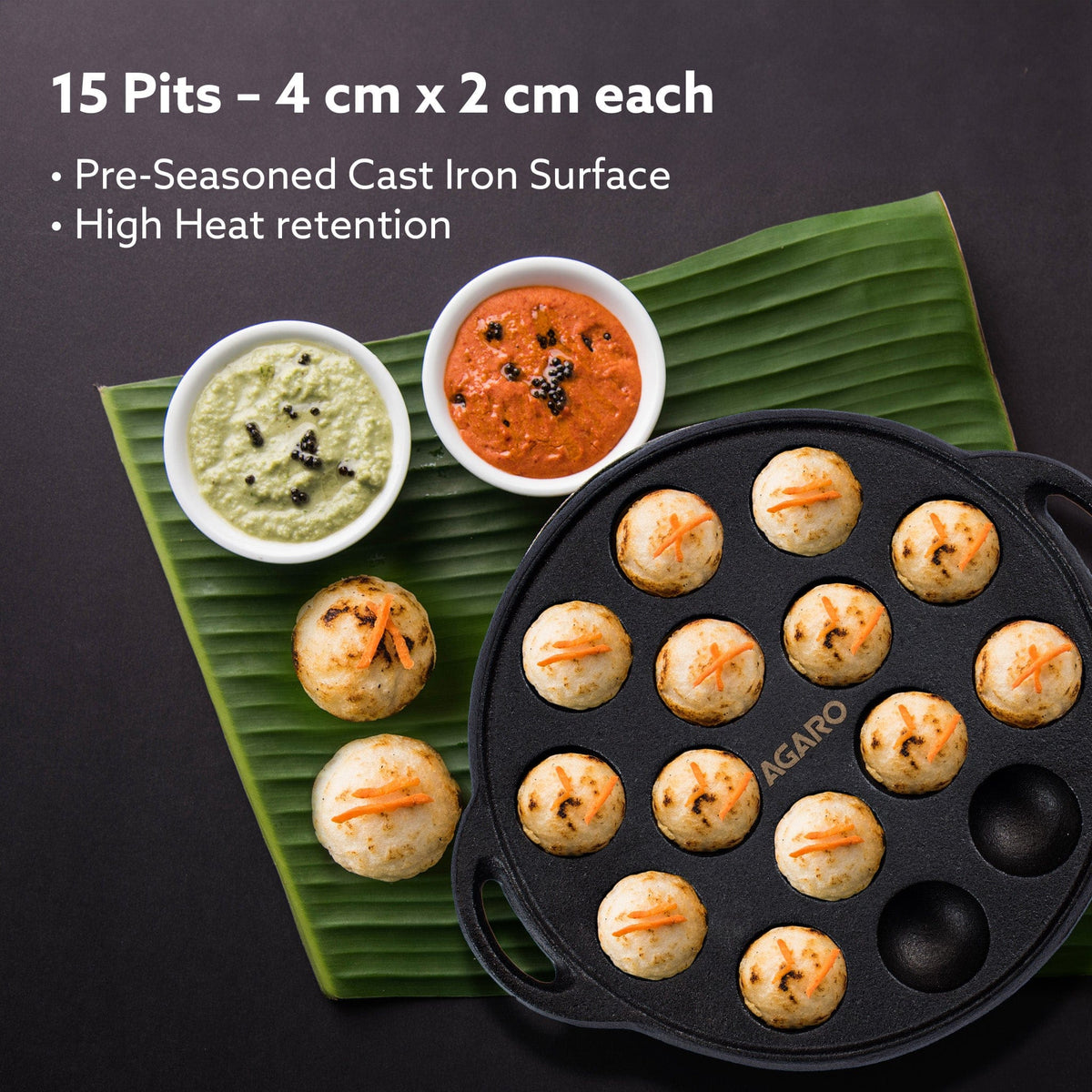 AGARO Royal Pre-Seasoned Cast Iron Paniyaram Pan, 15 pits (4cm x 2cm Each), No Chemical Coating, Rigid Handle, Fast Heat