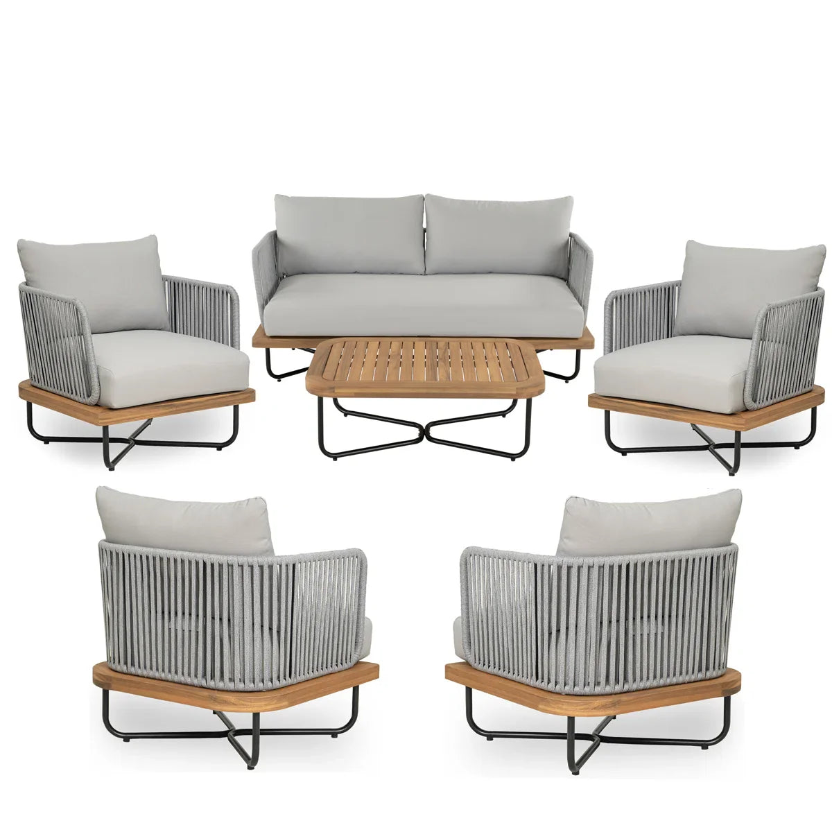 Arria Outdoor Garden Balcony Sofa Set 2 Seater,4 Single Seater With 1 Table Set, Braid & Rope (Grey + Grey)