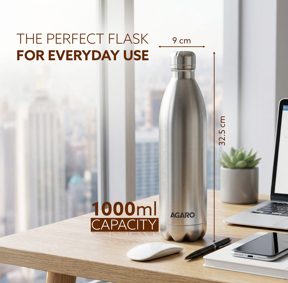 AGARO Royal Stainless Steel Flask, 1000ml, Up to 24 Hrs Hot & Cold, ISI Certified, Triple Wall Vacuum Insulated, Leak-Pr