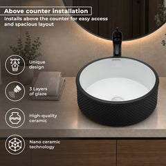 Plantex Round Ceramic Table Top Wash Basin/Designer Counertop Washbasin/Vessel Sink for Bathroom/Home/Restaurant (White & Black-17 x 17 x 6 Inch)-5
