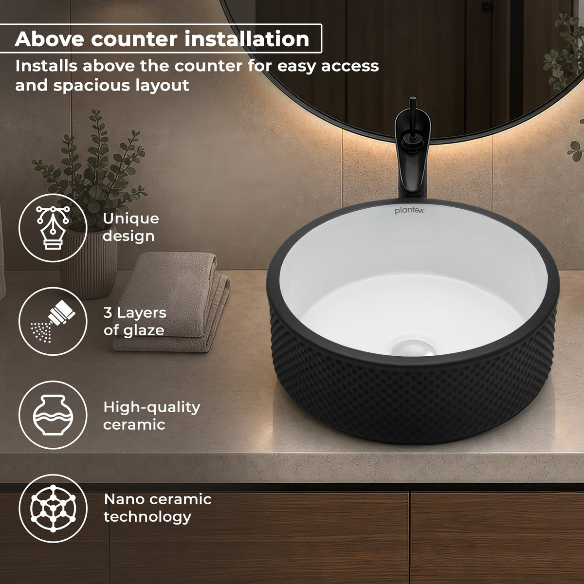 Plantex Round Ceramic Table Top Wash Basin/Designer Counertop Washbasin/Vessel Sink for Bathroom/Home/Restaurant (White & Black-17 x 17 x 6 Inch)-5