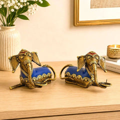 Brass Dhokra Sitting Elephant Statue Set With Candle Holder (5 Inch)