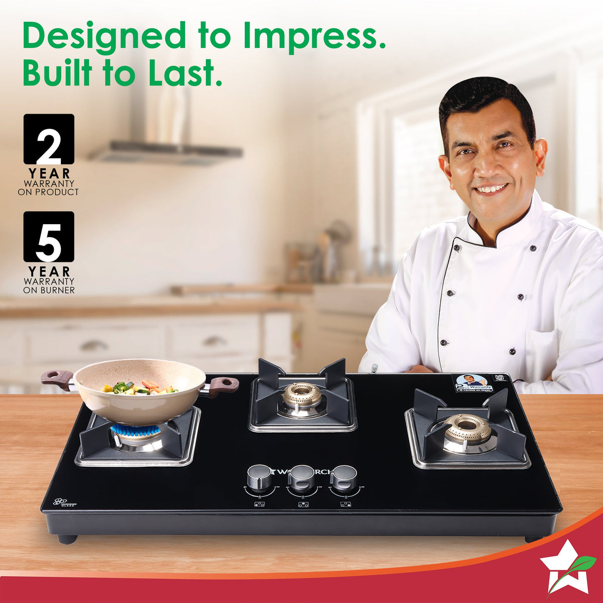 Wonderchef Octavia 3 Burner Glass Hob Top Auto Cooktop | 8mm Toughened Glass | Auto Ignition | Forged Brass Burners | St