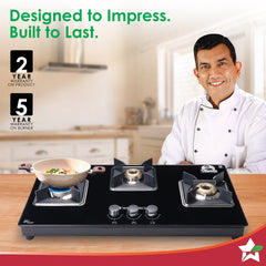 Wonderchef Octavia 3 Burner Glass Hob Top Auto Cooktop | 8mm Toughened Glass | Auto Ignition | Forged Brass Burners | St