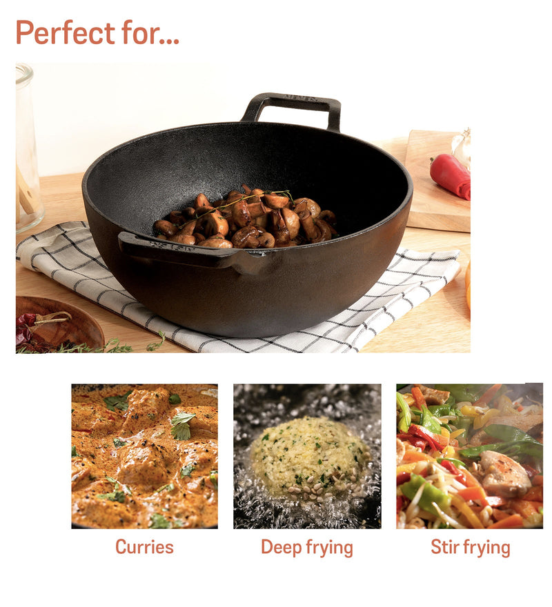 Meyer Pre Seasoned Cast Iron shallow Kadai With Glass Lid ,30cm