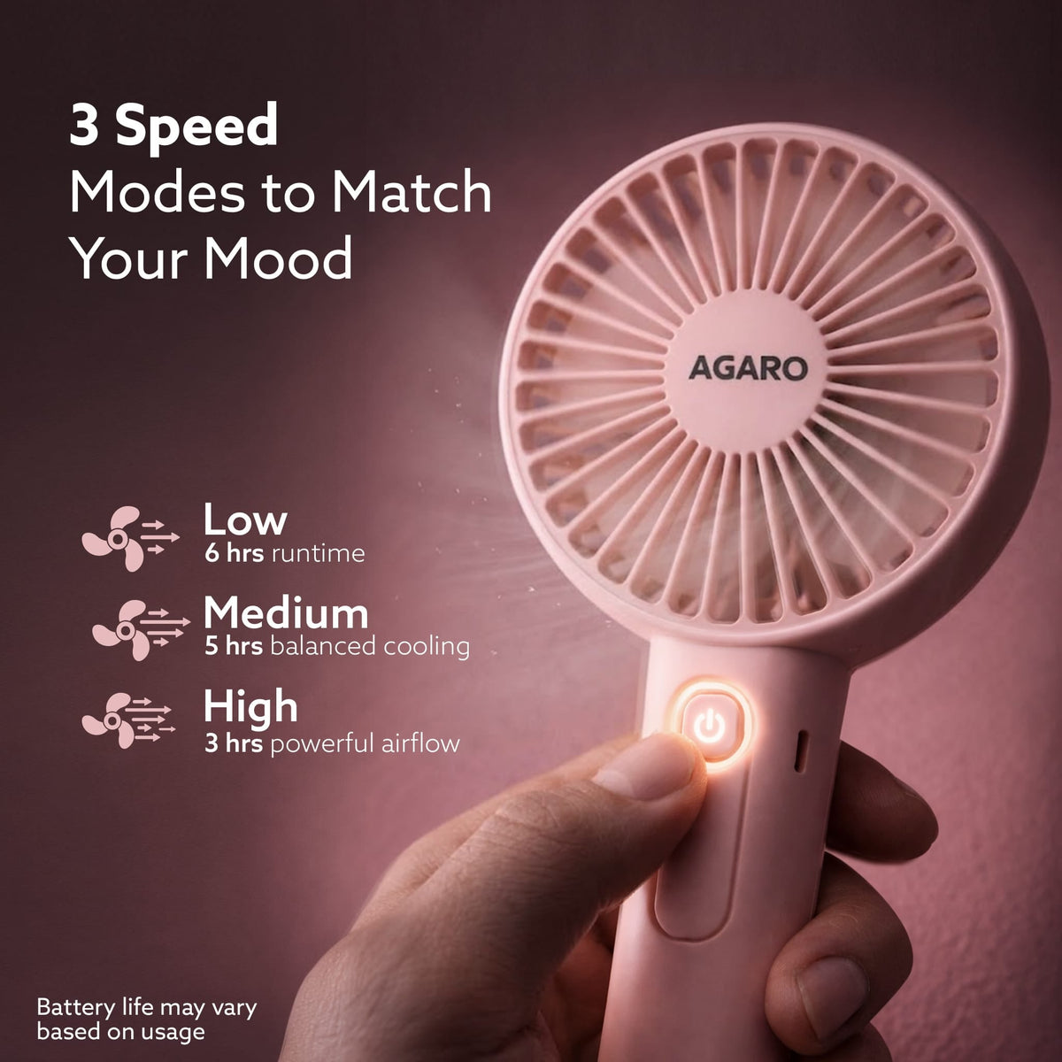 AGARO Elite Mini Fan, 4 inches, Rechargeable Lithium-Ion with 2600 mAh Battery, 3 Speed Option, Handheld and Table Dock 