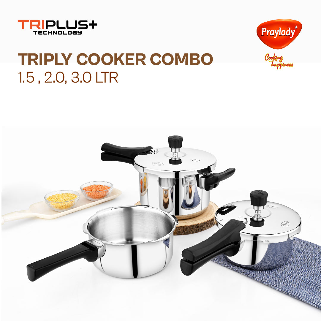 Triplus Triply Stainless Steel Pressure Cooker Combo – 1.5L + 2L & 3L with Common Lid