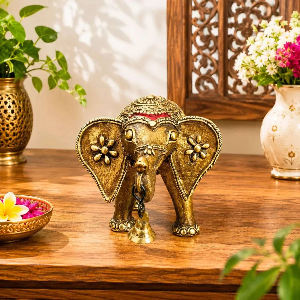 Brass Handcrafted Dhokra Elephant Statue With Bell (5.5 Inch)