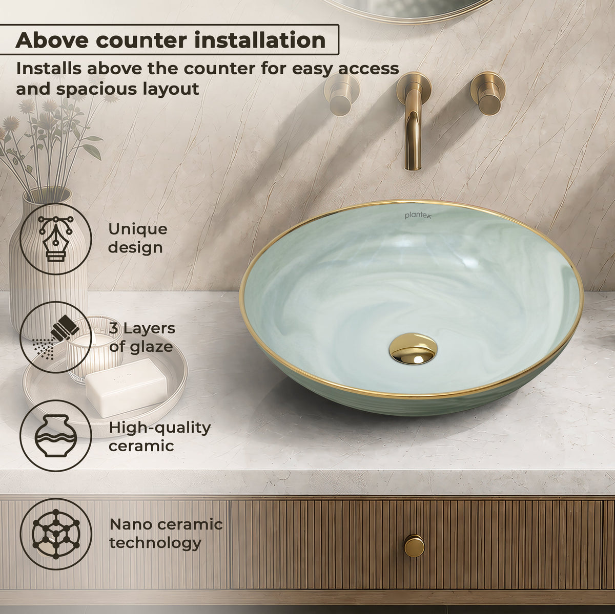 Plantex Wash Basin/Ceramic Table Top Wash Basin/Designer Countertop Basin for Bathroom/Restaurants/Hotel (Mint green & Gold - 16.5 x 16.5 x 4 Inch)-4