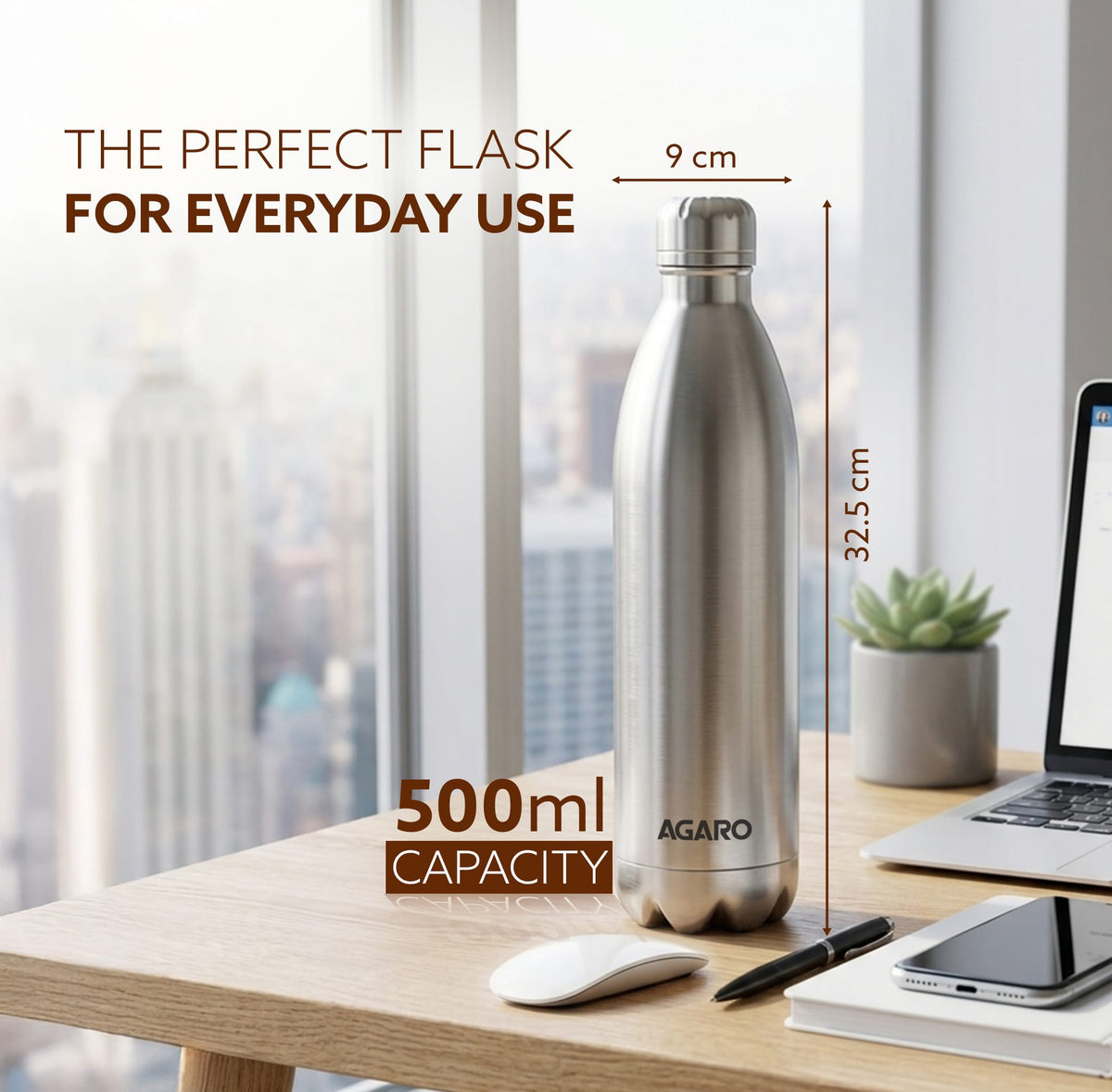 AGARO Royal Stainless Steel Flask, 500ml, Up to 24 Hrs Hot & Cold, ISI Certified, Triple Wall Vacuum Insulated, Leak-Pro