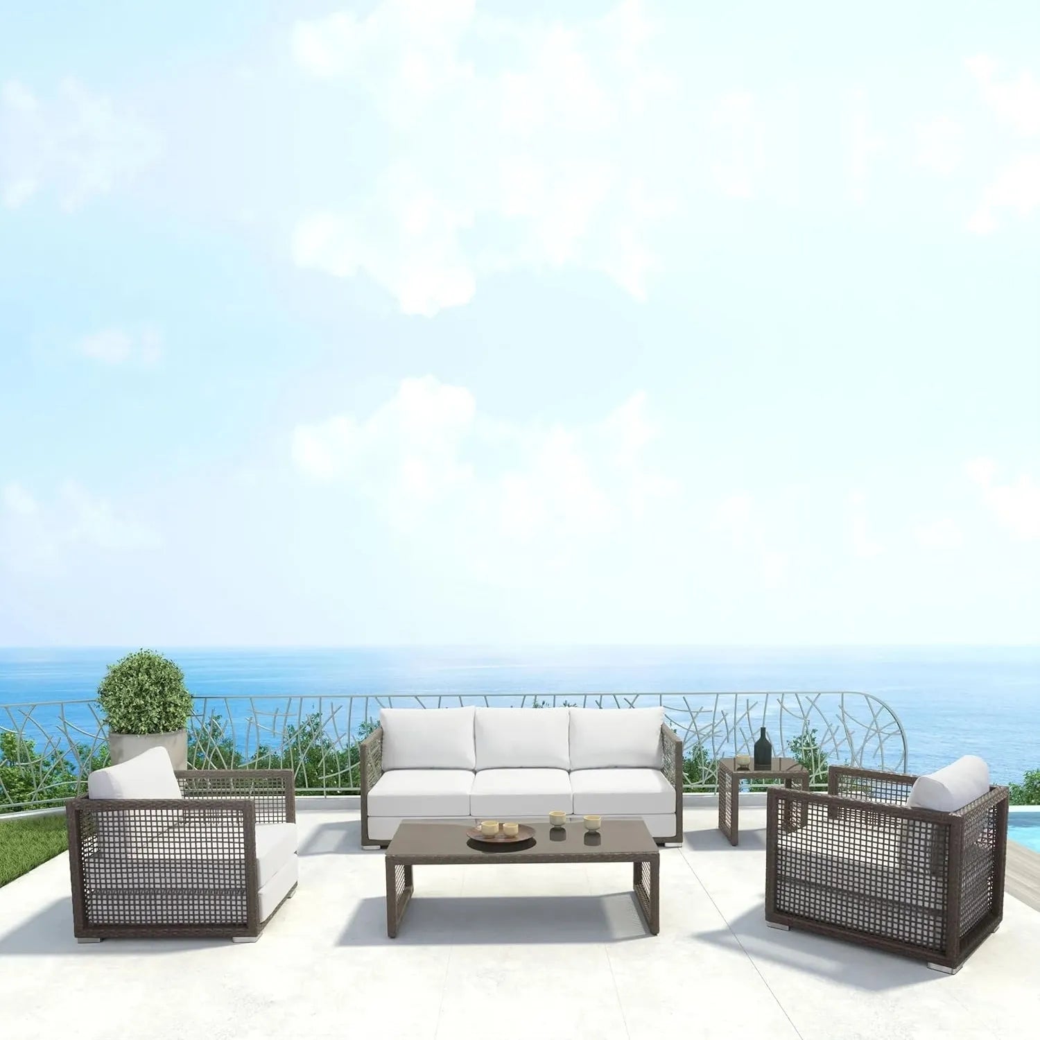 Coco Outdoor Sofa Set 3 Seater , 2 Single seater and 1 Center Table (White+ Brown)