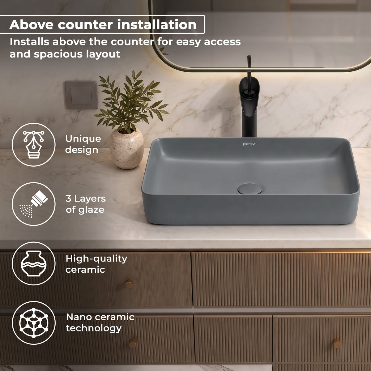Plantex Ceramic Table Top Basin/Wash Basin for Bathroom/Over Counter Washbasin for Restaurant/Hotel (Rectangle - Matt Grey, 24 x 14 x 4.5 Inch)-4