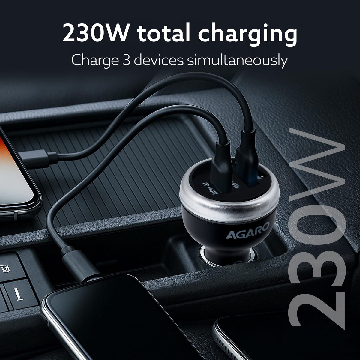 AGARO Flash Car Charger, 230W, 3 Ports Fast Car Charger, Dual Type-C PD 140W + 45W, USB-A Post 45W, Supports Super-Fast 