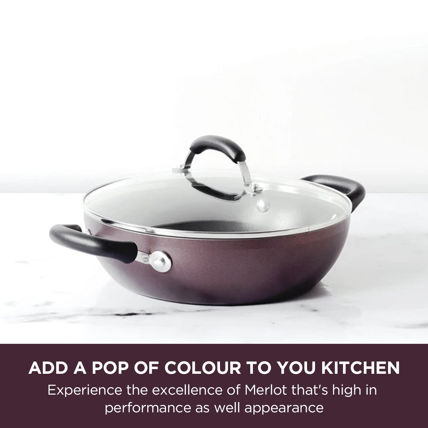 Meyer Merlot Non-Stick 3pcs Set 26cm Frypan + 26cm Kadai Set with Interchangeable Glass Lid