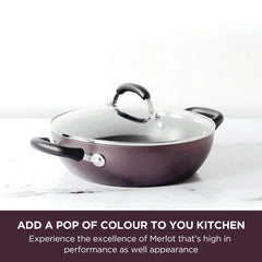 Meyer Merlot Non-Stick 3pcs Set 26cm Frypan + 26cm Kadai Set with Interchangeable Glass Lid