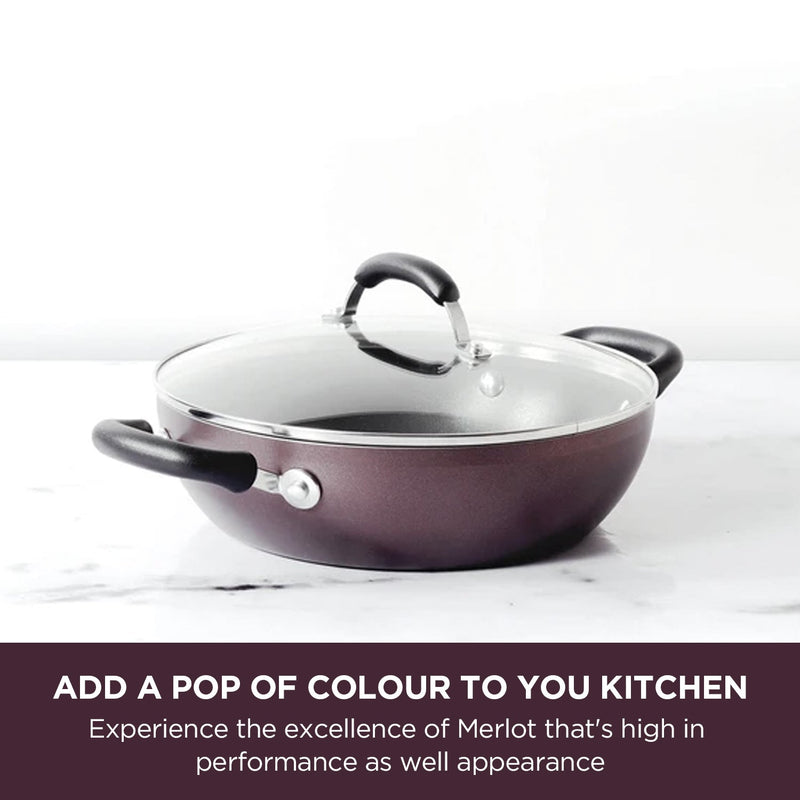 Meyer Merlot Non-Stick 3pcs Set 26cm Frypan + 26cm Kadai Set with Interchangeable Glass Lid