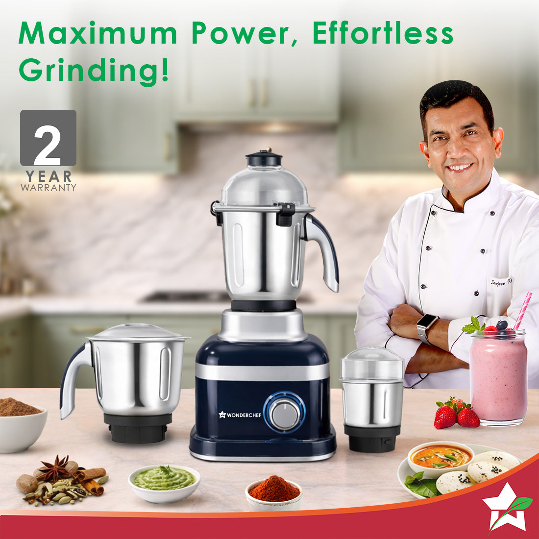 Wonderchef Cube 1000W Mixer Grinder, 3 Jars with Flow Breakers, Special Coarse Blade for Silbatta-style Khada Masala Gri