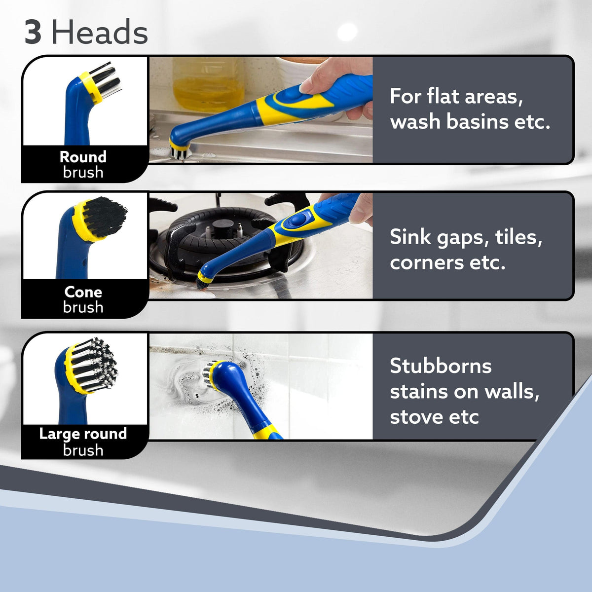 AGARO Regal Cleaning Brush for Household, Toilet, Kitchen, Bathroom Cleaning, HIGH Speed OSCILLATING Technology, Long Handle, 3 Heads for Scrubbing/Removing Stain, Dirt, Cordless, Blue & Yellow-3