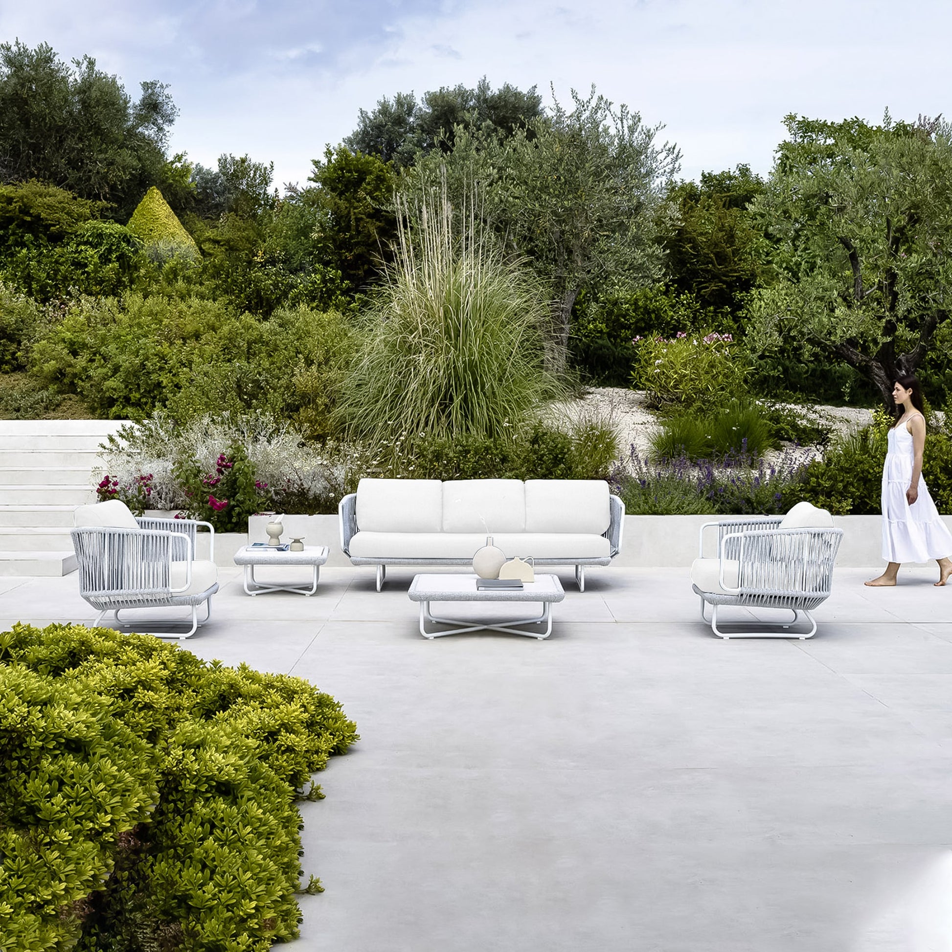 Astor Outdoor Garden Balcony Sofa Set 3 Seater , 2 Single Seater and 1 Center Table Set Braid & Rope (Grey-Off White)